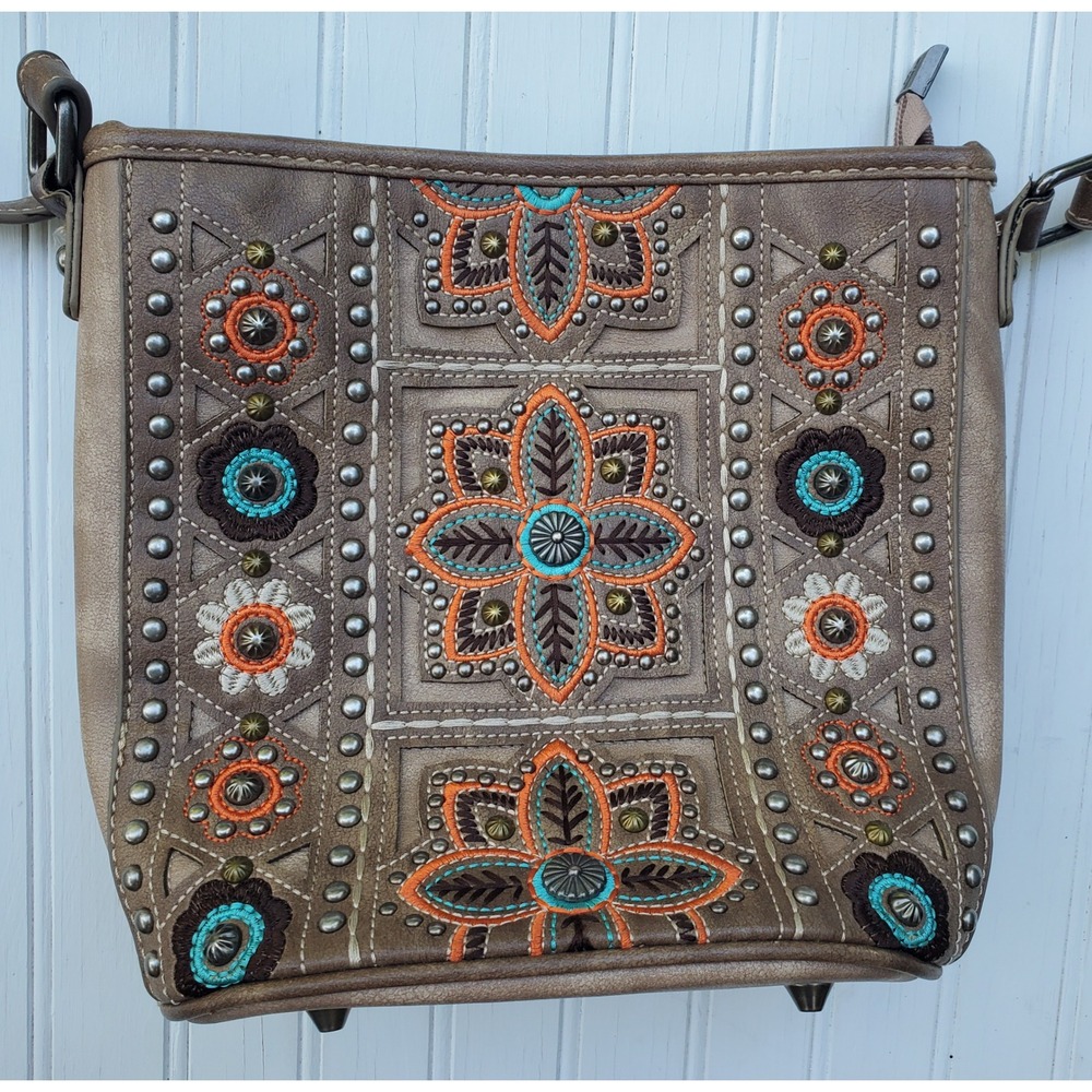 American Bling Western Embroidered Studded Crossbody Bag Tan Turquoise Floral